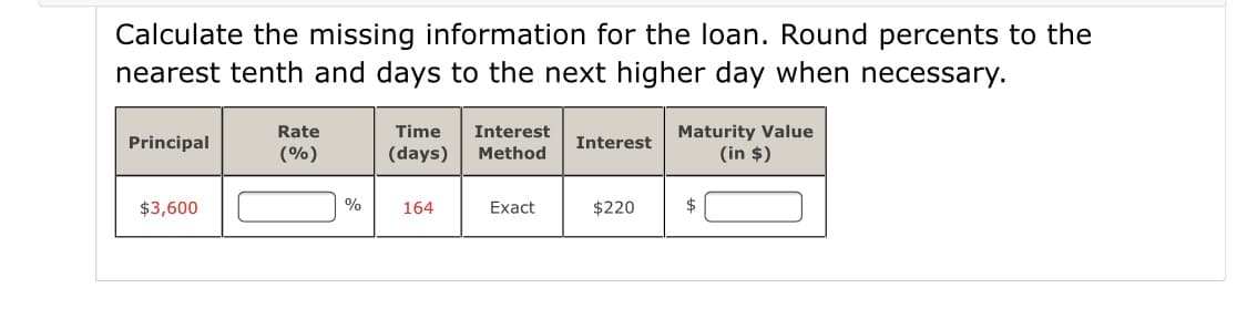 Calculate the missing information for the loan. Round percents to the
nearest tenth and days to the next higher day when necessary.
Maturity Value
(in $)
Rate
Time
Interest
Principal
Interest
(%)
(days)
Method
$3,600
%
164
Exact
$220
$

