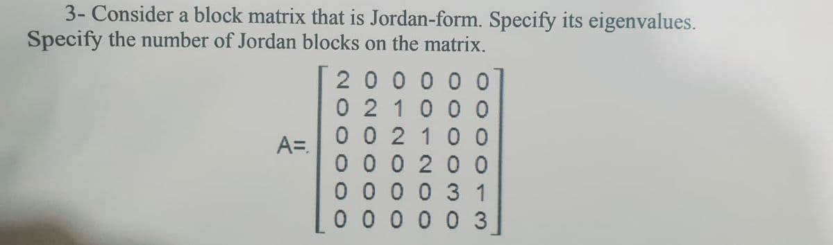 3- Consider a block matrix that is Jordan-form. Specify its eigenvalues.
Specify the number of Jordan blocks on the matrix.
20 0 0 00
0 2 100 0
0 0210 0
A=.
0 0 020 0
0 0 0 0 3 1
0 0 0 00 3
