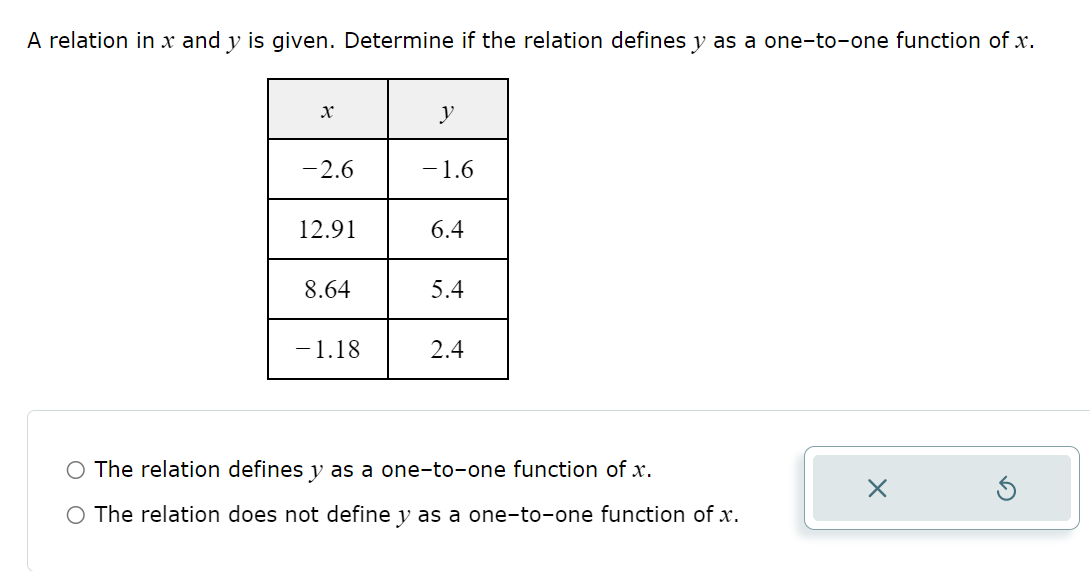 A relation in x and y is given. Determine if the relation defines y as a one-to-one function of x.
y
-2.6
-1.6
12.91
6.4
8.64
5.4
-1.18
2.4
O The relation defines y as a one-to-one function of x.
O The relation does not define y as a one-to-one function of x.
