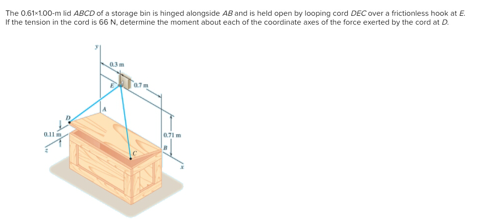 The 0.61x1.00-m lid ABCD of a storage bin is hinged alongside AB and is held open by looping cord DEC over a frictionless hook at E.
If the tension in the cord is 66 N, determine the moment about each of the coordinate axes of the force exerted by the cord at D.
0.3 m
E
0.7 m
0.11 m
0.71 m

