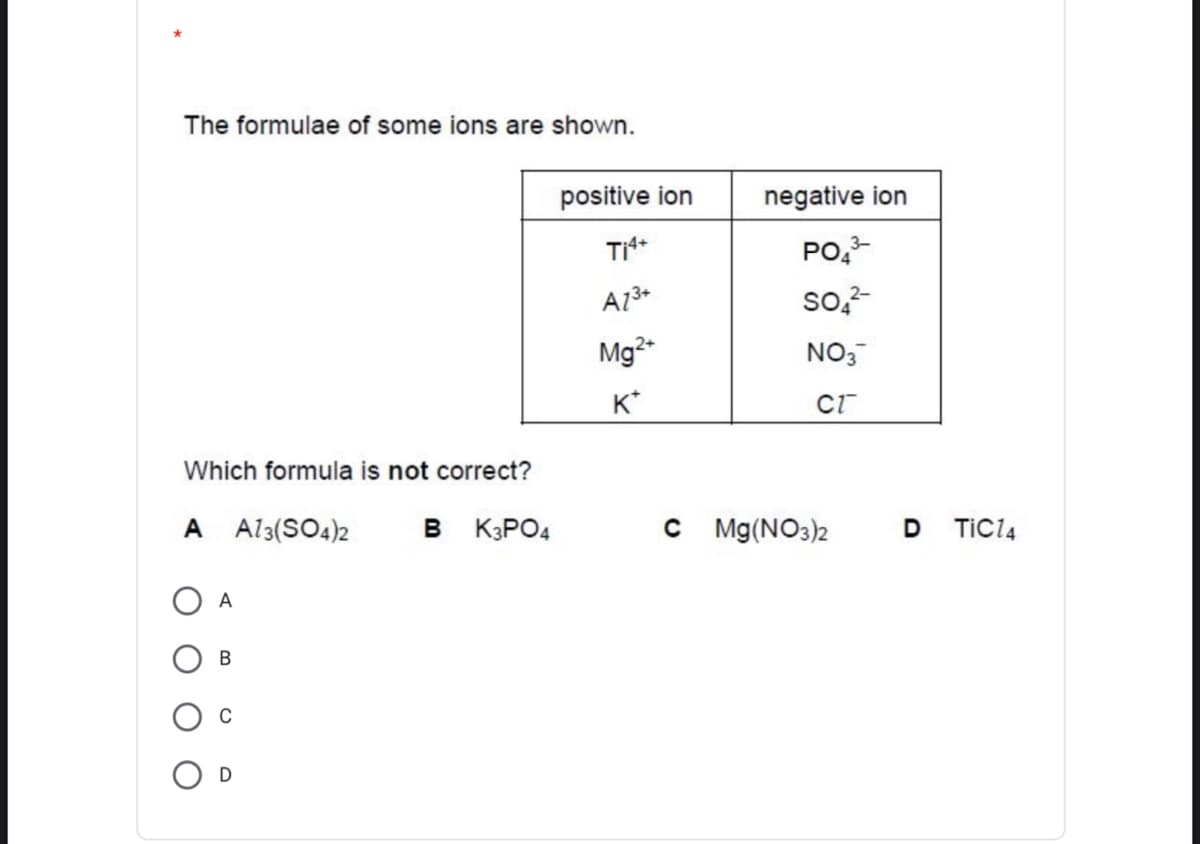 The formulae of some ions are shown.
positive ion
negative ion
PO,
so,-
Mg2-
NO,
K*
CT
Which formula is not correct?
A Al3(SO4)2
B KPO4
Mg(NO3)2
D
TIC14
O A
D
