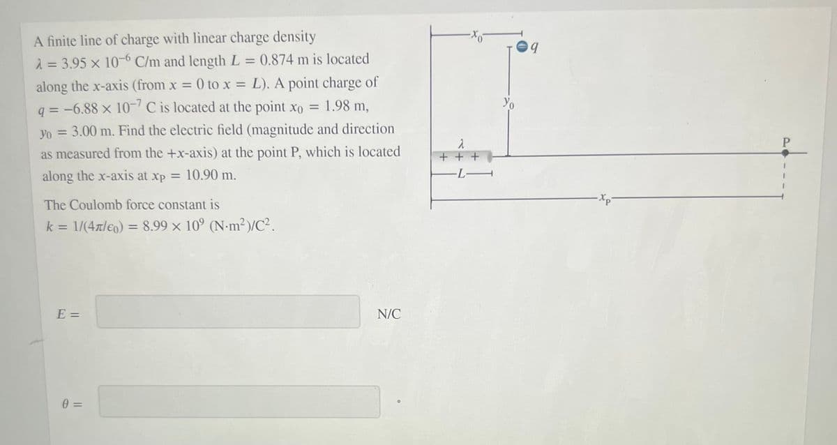 A finite line of charge with linear charge density
2 = 3.95 x 10-6 C/m and length L = 0.874 m is located
%3D
along the x-axis (from x = 0 to x = L). A point charge of
q = -6.88 x 10-' C is located at the point xo = 1.98 m,
%3D
Yo
%3D
yo = 3.00 m. Find the electric field (magnitude and direction
P
as measured from the +x-axis) at the point P, which is located
+ + +
along the x-axis at xp = 10.90 m.
L-
The Coulomb force constant is
k = 1/(4x/e0) = 8.99 × 10° (N-m²)/C².
%3D
%3D
E =
N/C
%3D
