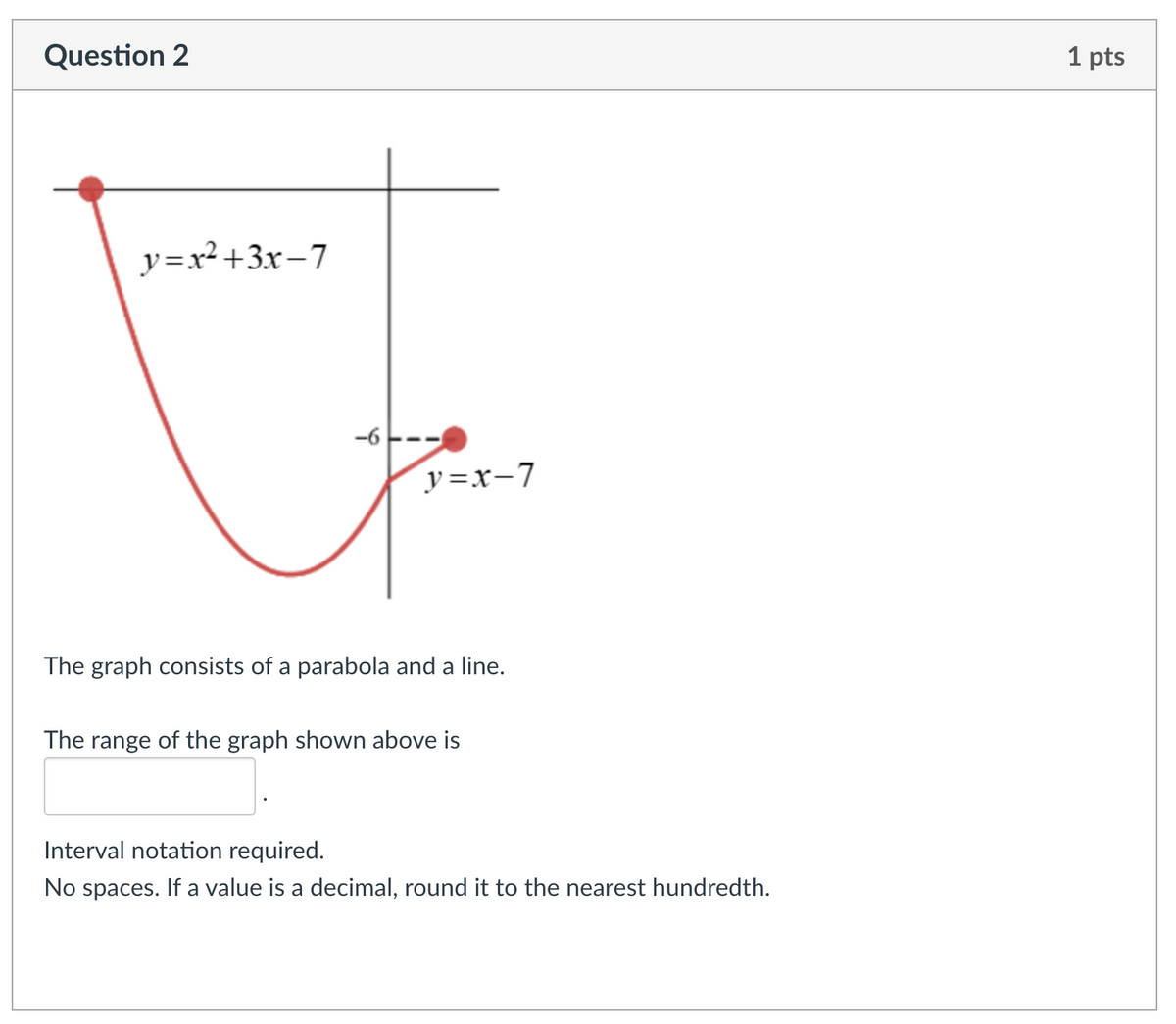 Question 2
y=x²+3x-7
-6
y=x-7
The graph consists of a parabola and a line.
The range of the graph shown above is
Interval notation required.
No spaces. If a value is a decimal, round it to the nearest hundredth.
1 pts