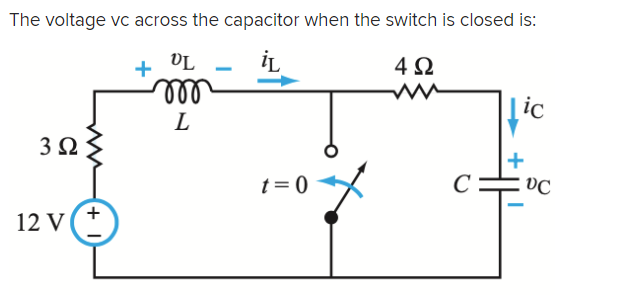 The voltage vc across the capacitor when the switch is closed is:
İL
Ta
all
4 Q
|ic
L
3Ω)
t= 0
VC
12 V
