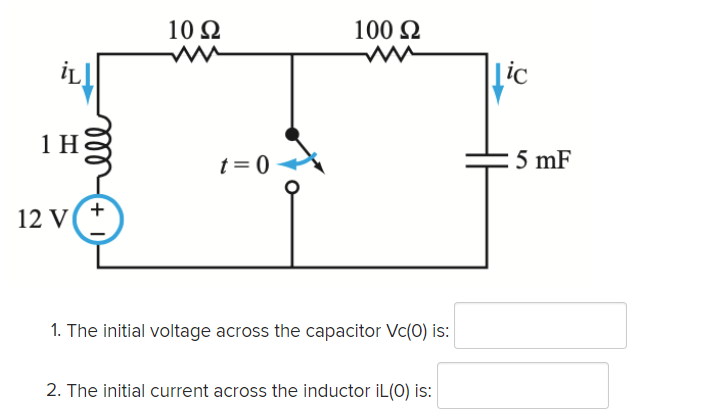 10 Ω
100 2
lic
1 H
t = 0
5 mF
12 V
1. The initial voltage across the capacitor Vc(0) is:
2. The initial current across the inductor iL(0) is:
