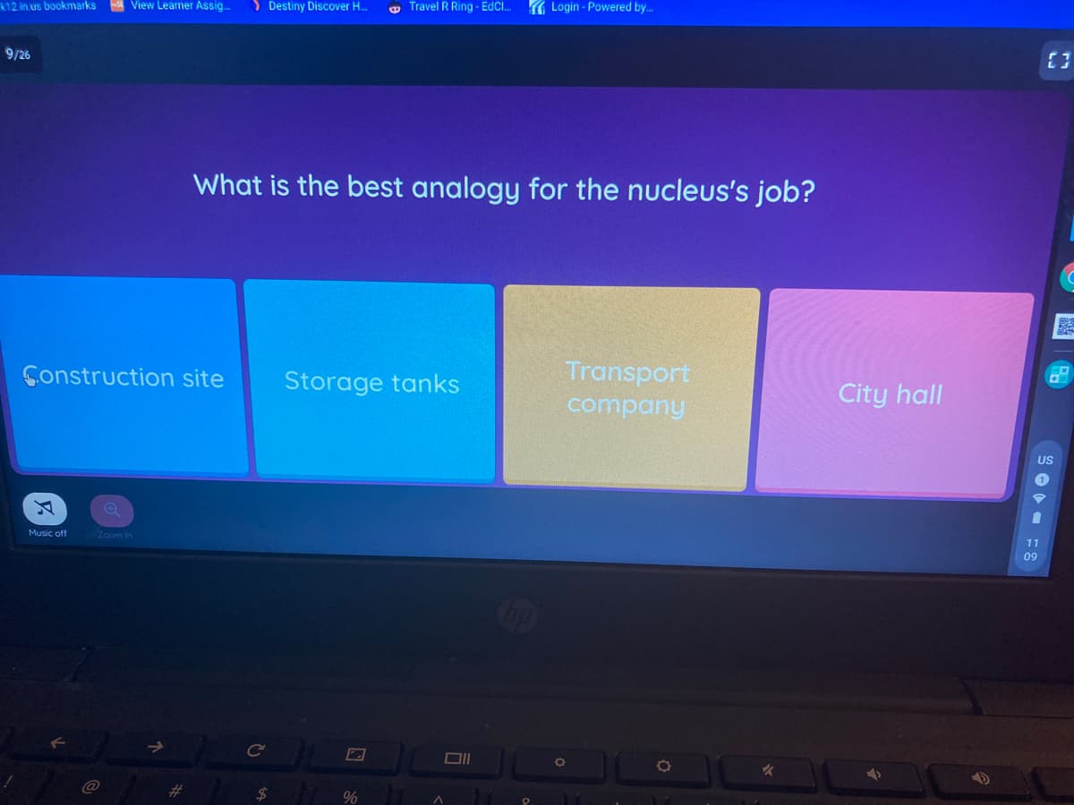 S View Learner Assig...
> Destiny Discover H.
o Travel R Ring - EdCl.
G Login - Powered by.
k12. in.us bookmarks
9/26
What is the best analogy for the nucleus's job?
Transport
company
Construction site
Storage tanks
City hall
US
11
Music off
Zoom in
09
Oop
Ce
%23
%24
%

