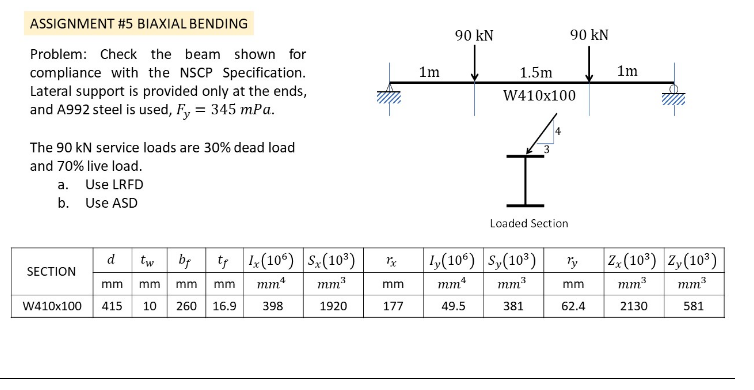 ASSIGNMENT #5 BIAXIAL BENDING
Problem: Check the beam shown for
compliance with the NSCP Specification.
Lateral support is provided only at the ends,
and A992 steel is used, F, = 345 mPa.
The 90 kN service loads are 30% dead load
and 70% live load.
Use LRFD
Use ASD
a.
b.
SECTION
d___tw_by_ty_4x(106) Sx(10³)
mm³
1920
mmª
mm mm mm mm
W410x100 415 10 260 16.9 398
1m
90 kN
1.5m
W410x100
I
Loaded Section
90 kN
rx
mm mmª mm³
177
49.5
381
ly(106) Sy(10³) Ty
mm
62.4
1m
Zx (10³) Zy (10³)
mm.³
mm³
2130
581