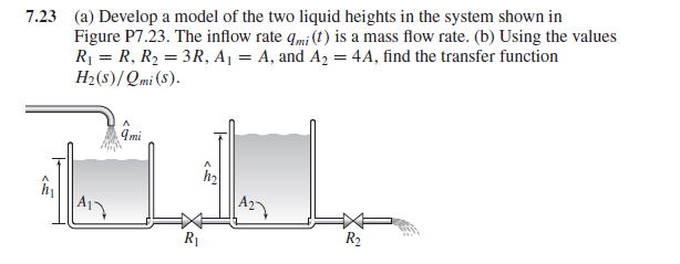 7.23 (a) Develop a model of the two liquid heights in the system shown in
Figure P7.23. The inflow rate qmi (t) is a mass flow rate. (b) Using the values
R = R, R2 = 3R, A1 = A, and A, = 4A, find the transfer function
H2(s)/ Qmi (S).
9 mi
h2
R1
R2
