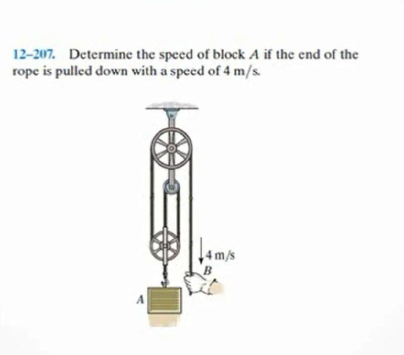12-207. Determine the speed of block A if the end of the
rope is pulled down with a speed of 4 m/s.
4m/s
