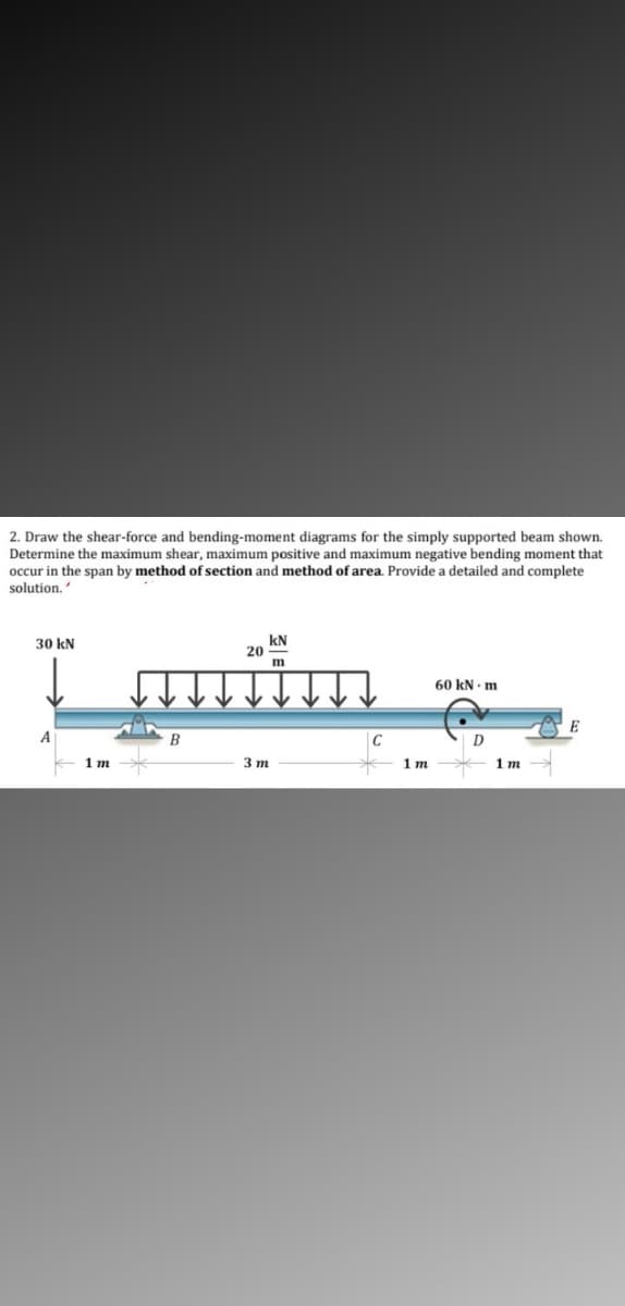 2. Draw the shear-force and bending-moment diagrams for the simply supported beam shown.
Determine the maximum shear, maximum positive and maximum negative bending moment that
occur in the span by method of section and method of area. Provide a detailed and complete
solution.
kN
20
m
30 kN
60 kN - m
B
1 m
3 m
1 m
1 т
