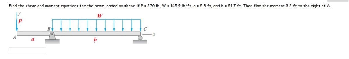 Find the shear and moment equations for the beam loaded as shown if P = 270 lb, W = 145.9 lb/ft, a = 5.8 ft, and b = 51.7 ft. Then find the moment 3.2 ft to the right of A.
பார்பா
Ly
W
P
B
A
a
