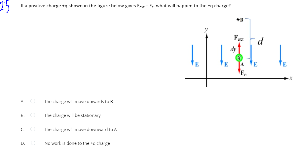 75
If a positive charge +q shown in the figure below gives Fext = Fe, what will happen to the +q charge?
+B
Fext
d
dy
E
A
E
E
A.
The charge will move upwards to B
В.
The charge will be stationary
C.
The charge will move downward to A
D.
No work is done to the +q charge
