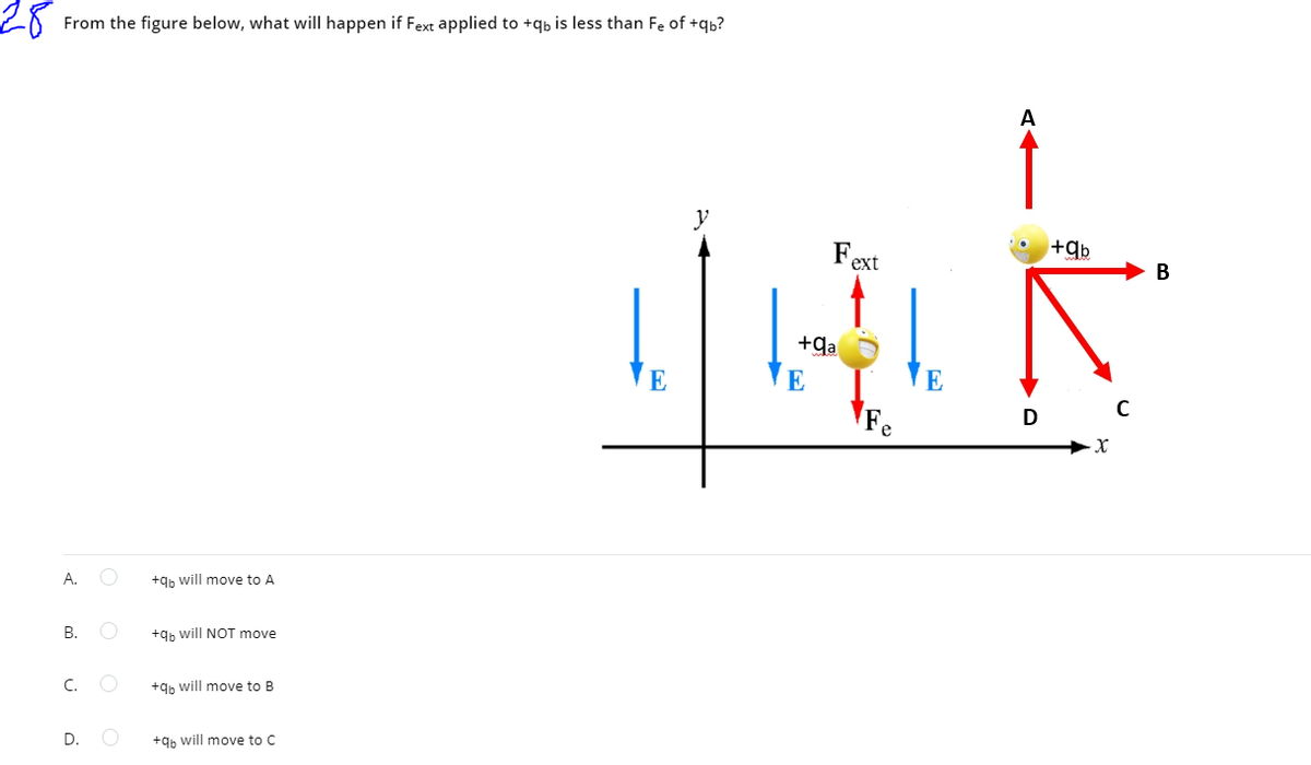 28
From the figure below, what will happen if Fext applied to +qb is less than Fe of +qb?
y
Fext
+gb
В
+qa
E
E
E
\Fe
D
A.
+9b will move to A
+9h will NOT move
C.
+qb will move to B
D.
+qb will move to C
B.
