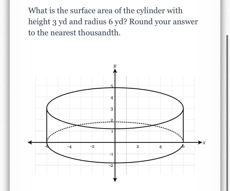 What is the surface area of the cylinder with
height 3 yd and radius 6 yd? Round your answer
to the nearest thousandth.
y
4
3
-4
-2
4
-1
2.
