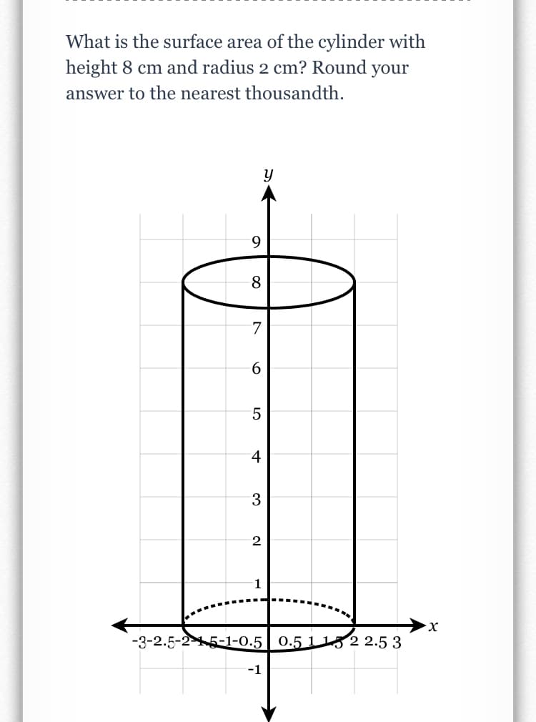 What is the surface area of the cylinder with
height 8 cm and radius 2 cm? Round your
answer to the nearest thousandth.
9.
8
4
3
1
-3-2.5-25-1-0.5 0.5 1 152 2.5 3
-1
6.
