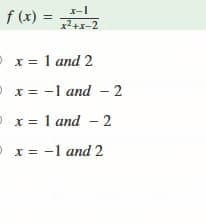 f (x) =
P x = 1 and 2
O x= -1 and - 2
P x = 1 and - 2
P x= -1 and 2
