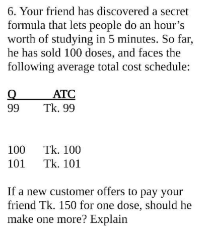 6. Your friend has discovered a secret
formula that lets people do an hour's
worth of studying in 5 minutes. So far,
he has sold 100 doses, and faces the
following average total cost schedule:
ATC
Tk. 99
99
Tk. 100
Tk. 101
100
101
If a new customer offers to pay your
friend Tk. 150 for one dose, should he
make one more? Explain
