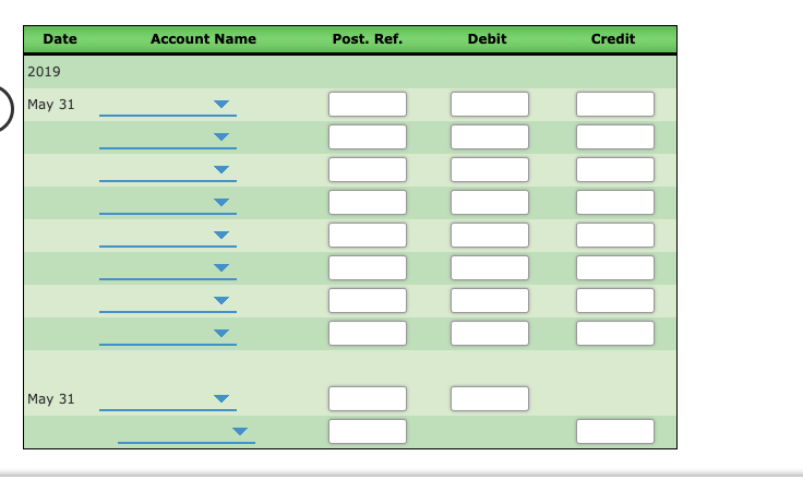 Post. Ref.
Date
Account Name
Debit
Credit
2019
May 31
May 31
