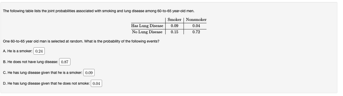The following table lists the joint probabilities associated with smoking and lung disease among 60-to-65 year-old men.
Smoker | Nonsmoker
Has Lung Disease
0.09
0.04
No Lung Disease
0.15
0.72
One 60-to-65 year old man is selected at random. What is the probability of the following events?
A. He is a smoker: 0.24
B. He does not have lung disease: 0.87
C. He has lung disease given that he is a smoker: 0.09
D. He has lung disease given that he does not smoke: 0.04
