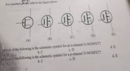 For numbers 59-60, refer to the figure below
++ (15)
(A)
(B)
(C)
(D)
Which of the following is the schematic symbol for an n-channel E-MOSFET?
c.D
A.C
a. B
Which of the following is the schematic symbol for a p-channel D-MOSFET?
A.C
c.D
4.E
4.E