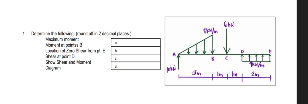 1. Determine the following: (round off in 2 decimal places.)
Maximum moment
Moment at pointss B
Location of Zero Shear from pt. E.
Shear at point D.
Show Shear and Moment
Diagram
a.
b.
C.
d.
JOKN
3m
8kN/m
B
6KN
Im
C
D
+ Im t
4kN/m
2m