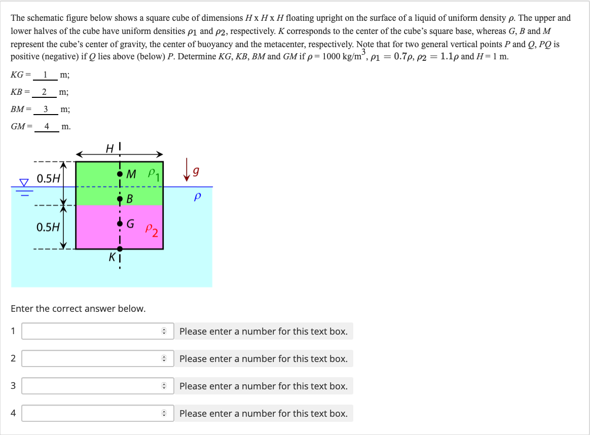 The schematic figure below shows a square cube of dimensions H x H x H floating upright on the surface of a liquid of uniform density p. The upper and
lower halves of the cube have uniform densities p1 and p2, respectively. K corresponds to the center of the cube's square base, whereas G, B and M
represent the cube's center of gravity, the center of buoyancy and the metacenter, respectively. Note that for two general vertical points P and Q, PQ is
positive (negative) if Q lies above (below) P. Determine KG, KB, BM and GM if p= 1000 kg/m³, p1 = 0.7p, p2 = 1.1p and H = 1 m.
KG = 1
m;
KB =
2
m;
BM =
m;
GM =
m.
•M P1
♡ 0.5H
B
0.5H
P2
KI
Enter the correct answer below.
Please enter a number for this text box.
2
Please enter a number for this text box.
3
Please enter a number for this text box.
4
Please enter a number for this text box.
