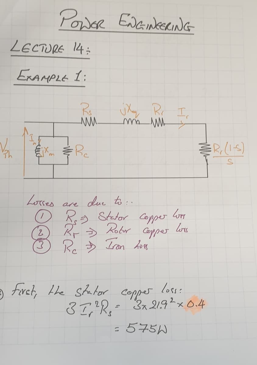 LECTURE 14:
EXAMPLE 1:
jxm & Re
Losses are due to:..
Stator
2
R+ >>
3 Rc Iron 2005.
→
1) First, the stator copper loss:
31²R = 3x 21.9² x 0.4
= 575W
Vou
POWER ENGINEERING
ung Ri
m u
Elut
Rs
-MM-
Copper
Rotor Copper
HA
LUTT
Wurs
R₁ (1-5)
S
