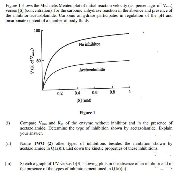 Figure I shows the Michaelis Menten plot of initial reaction velocity (as percentage of Vmax)
versus [S] (concentration) for the carbonic anhydrase reaction in the absence and presence of
the inhibitor acetazolamide. Carbonic anhydrase participates in regulation of the pH and
bicarbonate content of a number of body fluids.
100
No inhibitor
Acetazolamide
0.2
0.4
0.6
0.8
1
[S] (mM)
Figure 1
(i)
Compare Vmax and Km of the enzyme without inhibitor and in the presence of
acetazolamide. Determine the type of inhibition shown by acetazolamide. Explain
your answer.
(ii)
Name TWO (2) other types of inhibitions besides the inhibition shown by
acetazolamide in Qla)(i). List down the kinetic properties of these inhibitions.
Sketch a graph of I/V versus 1/[S] showing plots in the absence of an inhibitor and in
the presence of the types of inhibitors mentioned in Qla)(ii).
(iii)
V (% of Vmax
