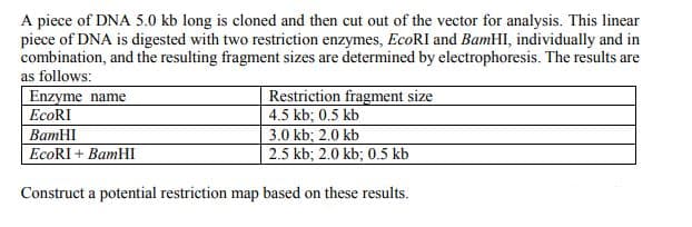 A piece of DNA 5.0 kb long is cloned and then cut out of the vector for analysis. This linear
piece of DNA is digested with two restriction enzymes, EcoRI and BamHI, individually and in
combination, and the resulting fragment sizes are determined by electrophoresis. The results are
as follows:
Restriction fragment size
4.5 kb; 0.5 kb
3.0 kb; 2.0 kb
2.5 kb; 2.0 kb; 0.5 kb
Enzyme name
EcoRI
ВатHI
EcoRI + BamHI
Construct a potential restriction map based on these results.
