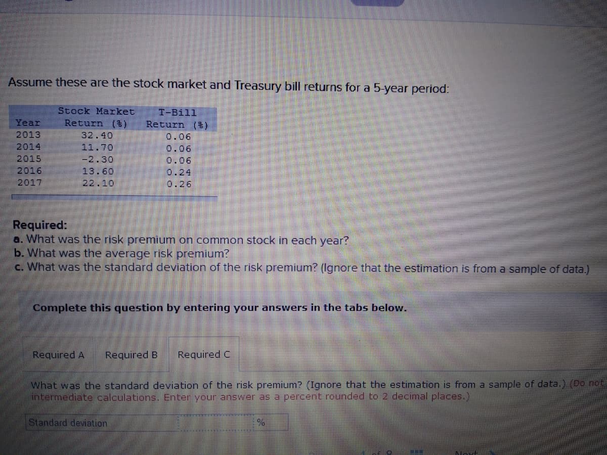 Assume these are the stock market and Treasury bill returns for a 5-year period:
Stock Market
Return (3)
T-Bill
Year
Return ()
2013
32.40
0.06
2014
11.70
0.06
2015
-2.30
0.06
2016
13.60
0.24
2017
22.10
0.26
Required:
a. What was the risk premium on common stock in each year?
b. What was the average risk premium?
c. What was the standard deviation of the risk premium? (Ignore that the estimation is from a sample of data.)
Complete this question by entering your answers in the tabs below.
Required A
Required B
Required C
What was the standard deviation of the risk premium? (Ignore that the estimation is from a sample of data.) (Do not
intermediate calculations. Enter your answer as a percent rounded to 2 decimal places.)
Standard deviation
%6
