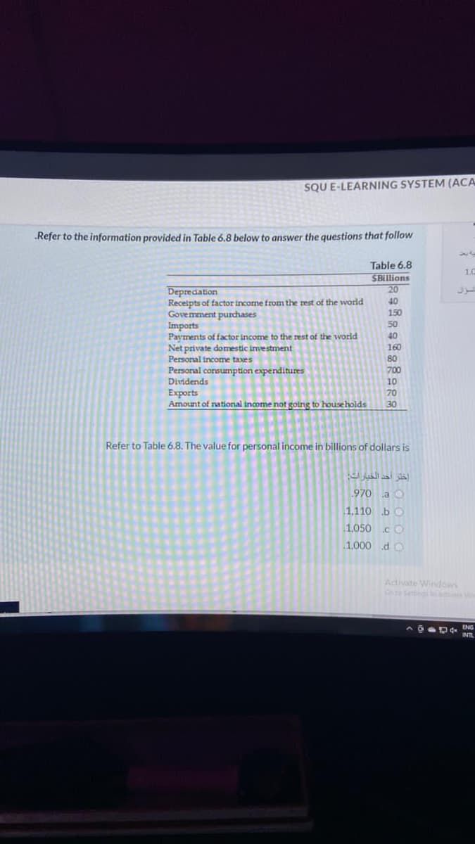 SQU E-LEARNING SYSTEM (ACA
Refer to the information provided in Table 6.8 below to answer the questions that follow
56
Table 6.8
SBIllions
20
1.0
1.C
Depredation
Receipts of factor incorme from the rest of the world
Govemment purchases
Imports
Payments of factor income to the rest of the world
Net private domestic imvestment
40
150
50
40
160
Personal income taxes
80
Persoral consumption expenditures
700
Dividends
10
70
Exports
Amount of national income not going to households
30
Refer to Table 6.8. The value for personal income in billions of dollars is
970 a O
1,110 b O
1.050 .c O
1.000 d O
Activate Windows
20ser
Sergi
ENG
INTL
