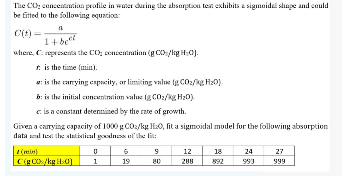 The CO2 concentration profile in water during the absorption test exhibits a sigmoidal shape and could
be fitted to the following equation:
a
C(t) =
1+bect
where, C: represents the CO2 concentration (g CO2/kg H2O).
t: is the time (min).
a: is the carrying capacity, or limiting value (g CO2/kg H20).
b: is the initial concentration value (g CO2/kg H2O).
c: is a constant determined by the rate of growth.
Given a carrying capacity of 1000 g CO2/kg H20, fit a sigmoidal model for the following absorption
data and test the statistical goodness of the fit:
t (min)
C (g CO2/kg H2O)
6.
9.
12
18
24
27
1
19
80
288
892
993
999
