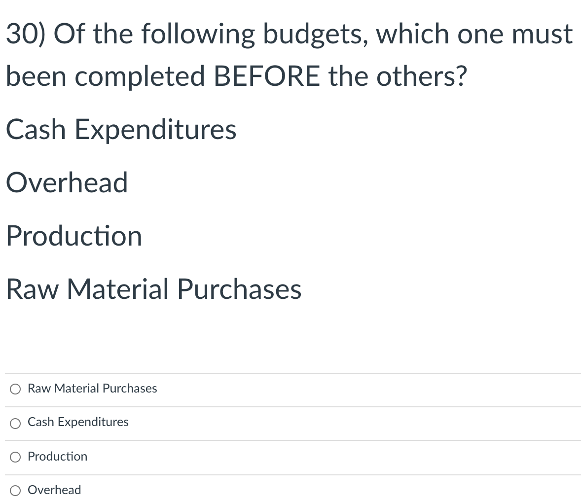 30) Of the following budgets, which one must
been completed BEFORE the others?
Cash Expenditures
Overhead
Production
Raw Material Purchases
Raw Material Purchases
Cash Expenditures
O Production
Overhead

