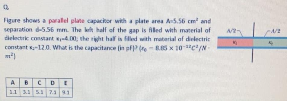 Q.
Figure shows a parallel plate capacitor with a plate area A-5.56 cm? and
separation d-5.56 mm. The left half of the gap is filled with material of
dielectric constant K1-4.00; the right half is filled with material of dielectric
constant K2-12.0. What is the capacitance (in pF)? (so = 8.85 x 10-12c2/N-
m²)
A/2-
A/2
%3D
A
D
E
1.1 3.1 5.1 7.1 9.1
