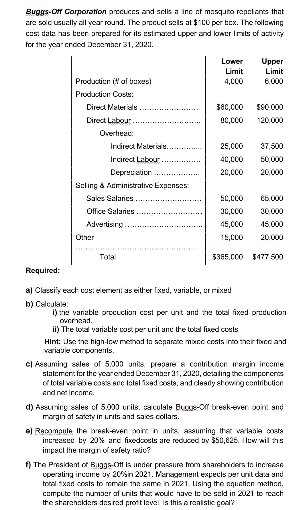 Buggs-Off Corporation produces and sells a line of mosquito repellants that
are sold usually all year round. The product sells at $100 per box. The following
cost data has been prepared for its estimated upper and lower limits of activity
for the year ended December 31, 2020.
Lower
Upper
Limit
Limit
Production (# of boxes)
4,000
6,000
Production Costs:
Direct Materials
$60,000
$90,000
Direct Labour
80,000
120,000
Overhead:
Indirect Materials.
25,000
37,500
Indirect Labour
40,000
50,000
Depreciation
20,000
20,000
Selling & Administrative Expenses:
Sales Salaries
50,000
65,000
Office Salaries
30,000
30,000
Advertising
45,000
45,000
Other
15,000
20,000
Total
$365,000
$477,500
Required:
a) Classify each cost element as either fixed, variable, or mixed
b) Calculate:
i) the variable production cost per unit and the total fixed production
overhead.
ii) The total variable cost per unit and the total fixed costs
Hint: Use the high-low method to separate mixed costs into their fixed and
variable components.
c) Assuming sales of 5,000 units, prepare a contribution margin income
statement for the year ended December 31, 2020, detailing the components
of total variable costs and total fixed costs, and clearly showing contribution
and net income.
d) Assuming sales of 5,000 units, calculate Buggs-Off break-even point and
margin of safety in units and sales dollars.
e) Recompute the break-even point in units, assuming that variable costs
increased by 20% and fixedcosts are reduced by $50,625. How will this
impact the margin of safety ratio?
f) The President of Buggs-Off is under pressure from shareholders to increase
operating income by 20%in 2021. Management expects per unit data and
total fixed costs to remain the same in 2021. Using the equation method,
compute the number of units that would have to be sold in 2021 to reach
the shareholders desired profit level. Is this a realistic goal?
