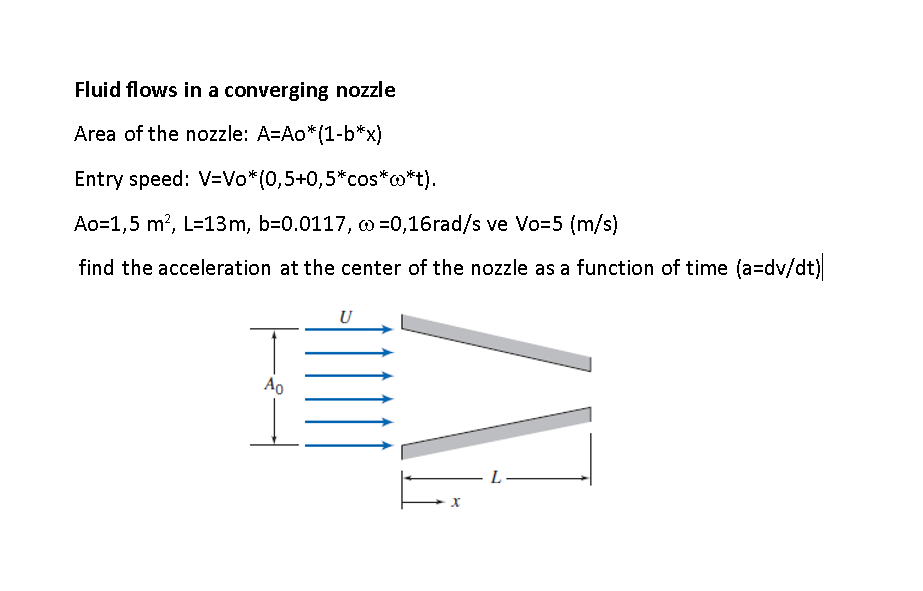 Fluid flows in a converging nozzle
Area of the nozzle: A=Ao*(1-b*x)
Entry speed: V=Vo*(0,5+0,5*cos*@*t).
Ao=1,5 m?, L=13m, b=0.0117, w =0,16rad/s ve Vo=5 (m/s)
find the acceleration at the center of the nozzle as a function of time (a=dv/dt)
