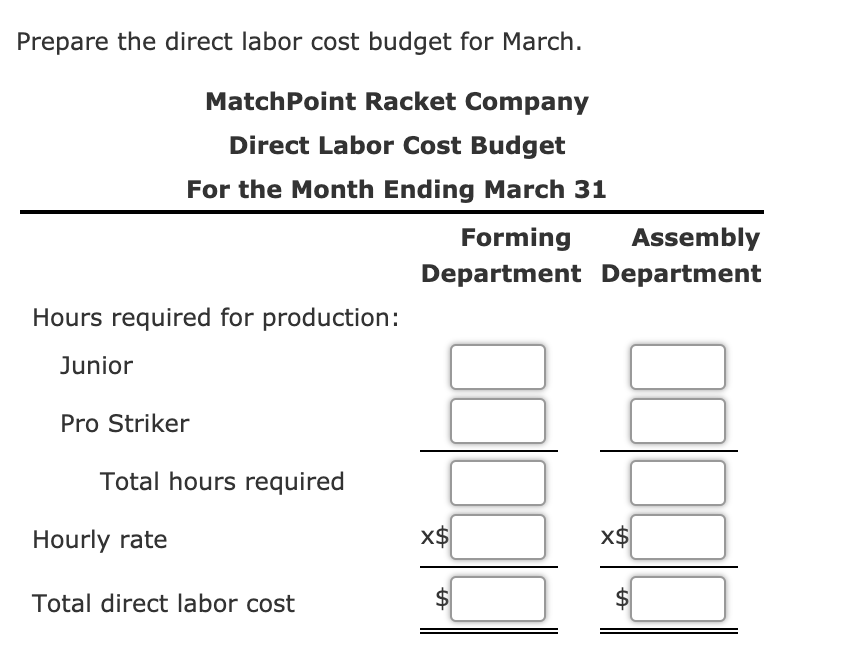 Prepare the direct labor cost budget for March.
MatchPoint Racket Company
Direct Labor Cost Budget
For the Month Ending March 31
Forming
Assembly
Department Department
Hours required for production:
Junior
Pro Striker
Total hours required
Hourly rate
X$
X$
Total direct labor cost
%24
