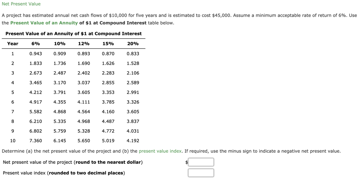 Net Present Value
A project has estimated annual net cash flows of $10,000 for five years and is estimated to cost $45,000. Assume a minimum acceptable rate of return of 6%. Use
the Present Value of an Annuity of $1 at Compound Interest table below.
Present Value of an Annuity of $1 at Compound Interest
Year
6%
10%
12%
15%
20%
1
0.943
0.909
0.893
0.870
0.833
2
1.833
1.736
1.690
1.626
1.528
3
2.673
2.487
2.402
2.283
2.106
4
3.465
3.170
3.037
2.855
2.589
4.212
3.791
3.605
3.353
2.991
4.917
4.355
4.111
3.785
3.326
7
5.582
4.868
4.564
4.160
3.605
8
6.210
5.335
4.968
4.487
3.837
9.
6.802
5.759
5.328
4.772
4.031
10
7.360
6.145
5.650
5.019
4.192
Determine (a) the net present value of the project and (b) the present value index. If required, use the minus sign to indicate a negative net present value.
Net present value of the project (round to the nearest dollar)
Present value index (rounded to two decimal places)
