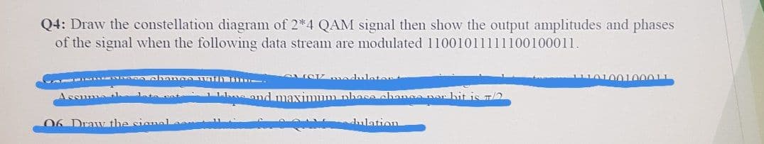 Q4: Draw the constellation diagram of 2*4 QAM signal then show the output amplitudes and phases
of the signal when the followving data stream are modulated 11001011111100100011.
Lecuma th toat lne and maximum phosa chone nor bit is T/2
06 Drawy the signoLa
ulation
