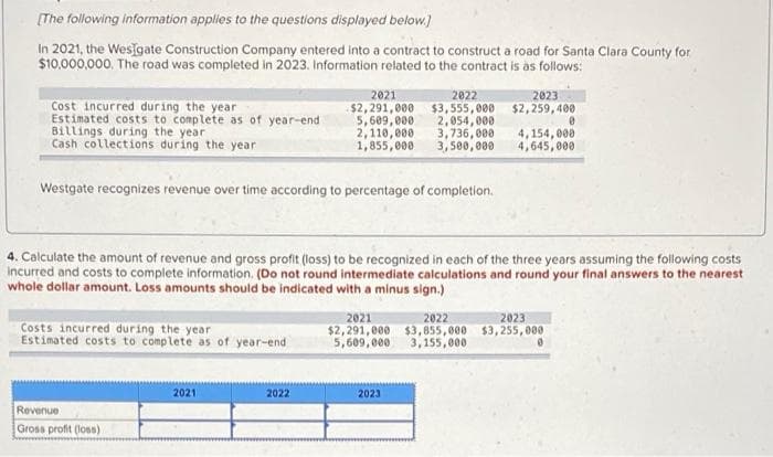 [The following information applies to the questions displayed below.]
In 2021, the Weslgate Construction Company entered into a contract to construct a road for Santa Clara County for
$10,000,000. The road was completed in 2023. Information related to the contract is as follows:
2022
Cost incurred during the year
2021
$2,291,000
2023
$2,259,400
$3,555,000
Estimated costs to complete as of year-end
Billings during the year
5,609,000
2,054,000
0
2,110,000 3,736,000
Cash collections during the year
4,154,000
4,645,000
1,855,000
3,500,000
Westgate recognizes revenue over time according to percentage of completion.
4. Calculate the amount of revenue and gross profit (loss) to be recognized in each of the three years assuming the following costs
incurred and costs to complete information. (Do not round intermediate calculations and round your final answers to the nearest
whole dollar amount. Loss amounts should be indicated with a minus sign.)
2021
2022
2023
Costs incurred during the year
Estimated costs to complete as of year-end
$2,291,000 $3,855,000 $3,255,000
5,609,000 3,155,000
2021
2022
2023
Revenue
Gross profit (loss)