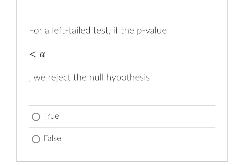 For a left-tailed test, if the p-value
we reject the null hypothesis
O True
O False
