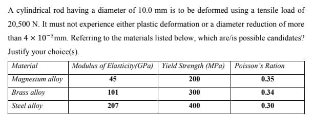 A cylindrical rod having a diameter of 10.0 mm is to be deformed using a tensile load of
20,500 N. It must not experience either plastic deformation or a diameter reduction of more
than 4 x 10-³mm. Referring to the materials listed below, which are/is possible candidates?
Justify your choice(s).
Material
Magnesium alloy
Brass alloy
Steel alloy
Modulus of Elasticity (GPa) Yield Strength (MPa) Poisson's Ration
200
0.35
0.34
0.30
45
101
207
300
400