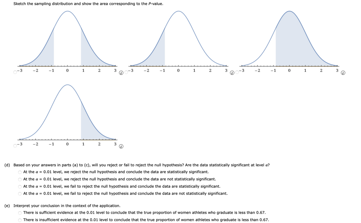 Sketch the sampling distribution and show the area corresponding to the P-value.
- 3
-2
-1
1
-2
-1 0
1
2
3
-2
-1 0
1
2
3
-2
-1
(d) Based on your answers in parts (a) to (c), will you reject or fail to reject the null hypothesis? Are the data statistically significant at level a?
O At the a = 0.01 level, we reject the null hypothesis and conclude the data are statistically significant.
At the a = 0.01 level, we reject the null hypo
nesis and conclude the data are not statistically significan
At the a = 0.01 level, we fail to reject the null hypothesis and conclude the data are statistically significant.
At the a = 0.01 level, we fail to reject the null hypothesis and conclude the data are not statistically significant.
(e) Interpret your conclusion in the context of the application.
There is sufficient evidence at the 0.01 level to conclude that the true proportion of women athletes who graduate is less than 0.67.
There is insufficient evidence at the 0.01 level to conclude that the true proportion of women athletes who graduate is less than 0.67.
O O O O
