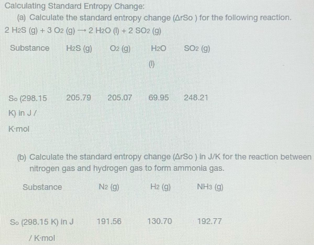Calculating Standard Entropy Change:
(a) Calculate the standard entropy change (ArSo) for the following reaction.
2 H2S (g) + 3 O2 (g)2 H2O () + 2 SO2 (g)
Substance
H2S (g)
O2 (g)
H2O
SO2 (g)
So (298.15
205.79
205.07
69.95
248.21
K) in J/
Kmol
b) Calculate the standard entropy change (ArSo) in J/K for the reaction between
nitrogen gas and hydrogen gas to form ammonia gas.
Substance
N2 (g)
H2 (g)
NH3 (g)
So (298.15 K) in J
191.56
130.70
192.77
/Kmol
