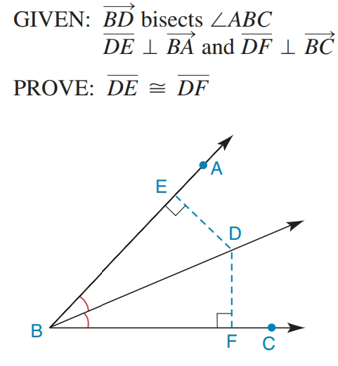 GIVEN: BD bisects ZABC
DE 1 BÁ and DF 1 BC
PROVE: DE = DF
E
В
F
C

