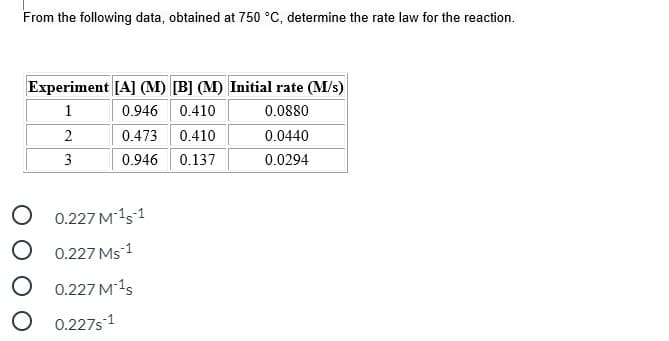 From the following data, obtained at 750 °C, determine the rate law for the reaction.
Experiment [A] (M) [B] (M) Initial rate (M/s)
1
0.946 0.410
0.0880
2
0.473
0.410
0.0440
3
0.946 0.137
0.0294
O 0.227 M1s1
O 0.227 Ms1
0.227 M1s
0.227s 1
