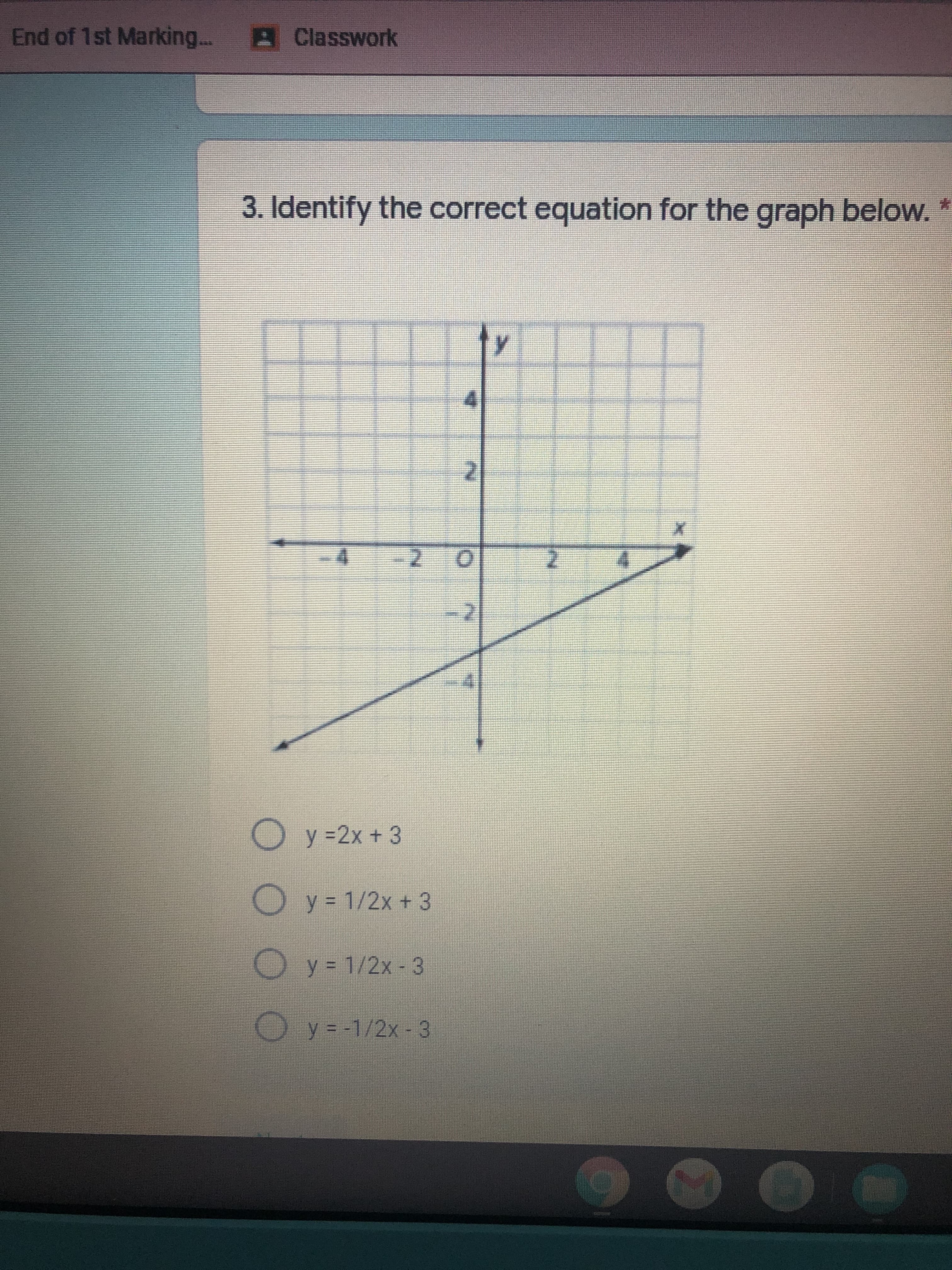 O y =2x + 3
O y = 1/2x + 3
O y= 1/2x-3
%3D
y = -1/2x - 3
