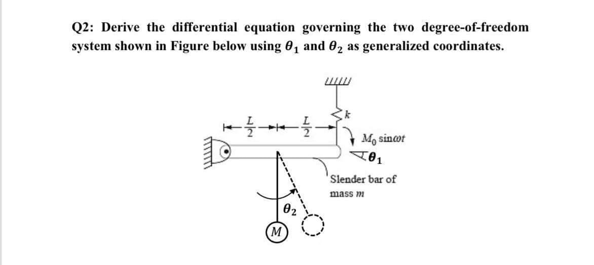 Q2: Derive the differential equation governing the two degree-of-freedom
system shown in Figure below using 0, and 02 as generalized coordinates.
Mo sinot
Slender bar of
mass m
M)
