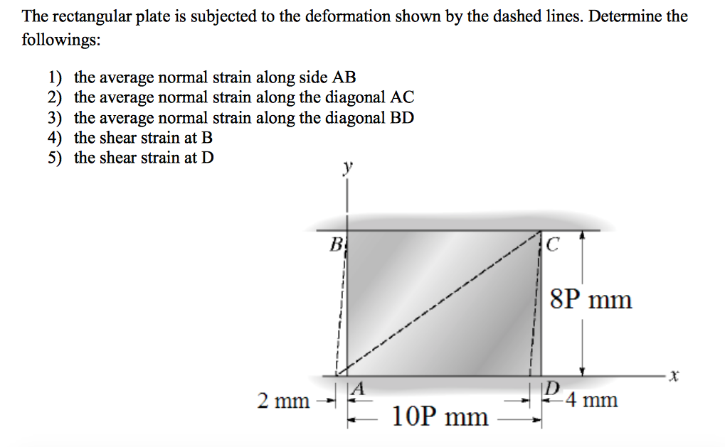 The rectangular plate is subjected to the deformation shown by the dashed lines. Determine the
followings:
1) the average normal strain along side AB
2) the average normal strain along the diagonal AC
3) the average normal strain along the diagonal BD
4) the shear strain at B
5) the shear strain at D
B
C
8P mm
2 mm
4 mm
10P mm
