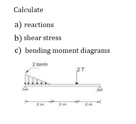 Calculate
a) reactions
b) shear stress
c) bending moment diagrams
2 ton/m
2T
2 m
2 m
2 m
